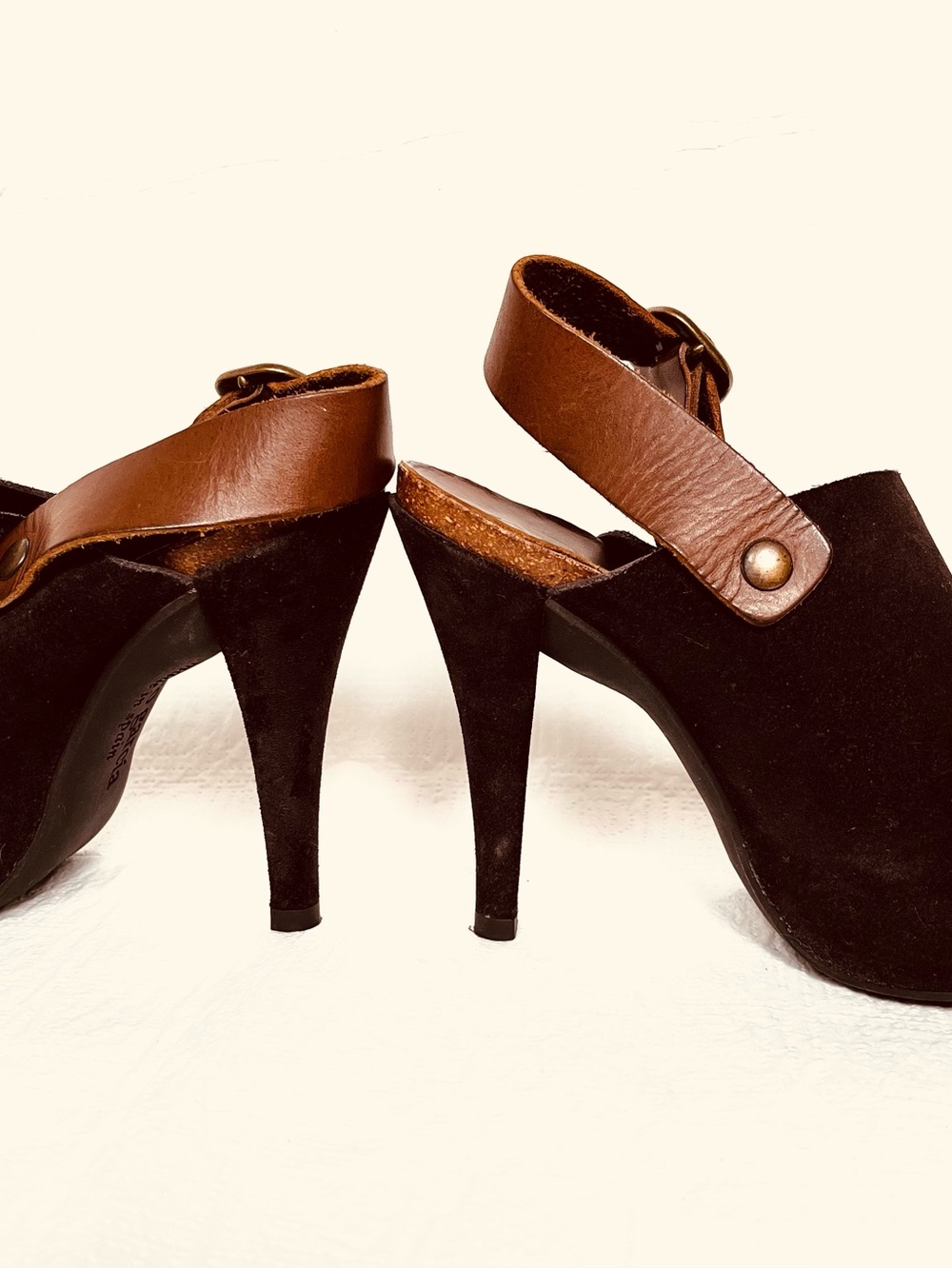 Pedro Garcia Black Suede Mules with Brown Leather Ankle Straps